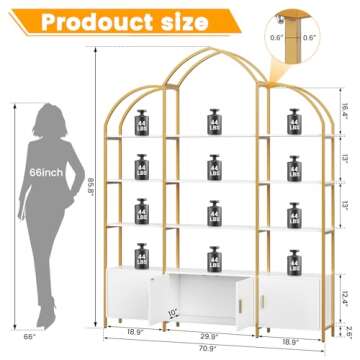 Semoic Arched Bookshelves and Bookcases: Triple Wide 5-Tier Large Open Bookshelf, Etagere Bookcase with Display Shelf for Home Office, White and Gold