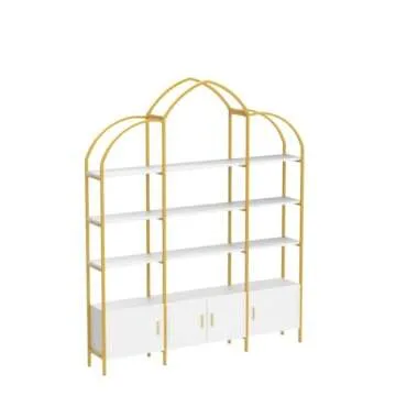 Semoic Arched Bookshelves and Bookcases: Triple Wide 5-Tier Large Open Bookshelf, Etagere Bookcase with Display Shelf for Home Office, White and Gold
