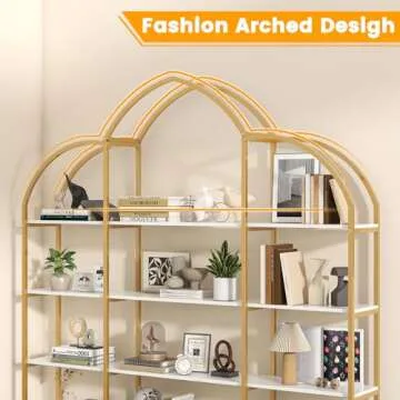 Semoic Arched Bookshelves and Bookcases: Triple Wide 5-Tier Large Open Bookshelf, Etagere Bookcase with Display Shelf for Home Office, White and Gold