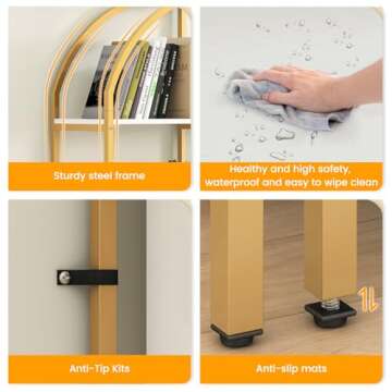 Semoic Arched Bookshelves and Bookcases: Triple Wide 5-Tier Large Open Bookshelf, Etagere Bookcase with Display Shelf for Home Office, White and Gold