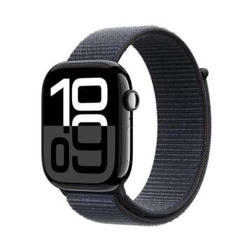Apple Watch Series 10 [GPS 42mm case] Smartwatch with Jet Black Aluminium Case with Ink Sport Loop. Fitness Tracker, ECG App, Always-On Retina Display, Carbon Neutral