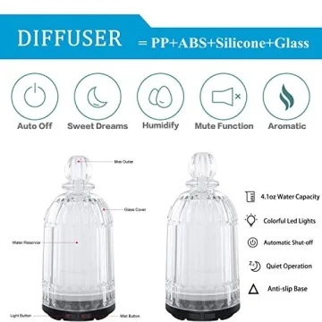 DOUDING Glass Essential Oil Diffuser, Cool Mist Humidifier Ultrasonic Aromatherapy Diffuser with 7 LED Color Changing Light, Auto Shut-Off Safety for Home Office Spa, 120ml(Black Base)