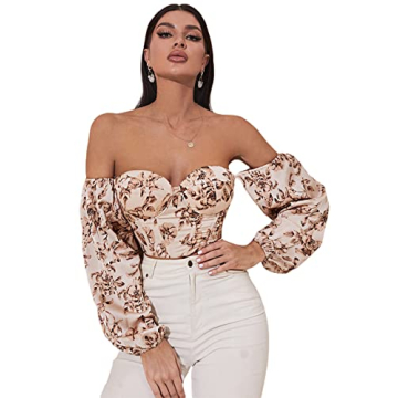 Floerns Women's Off Shoulder Long Sleeve Lace Up Back Bandeau Bustie Crop Corset Top Multi M