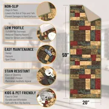 Machine Washable Boxes Design Non-Slip Rubberback 2x5 Traditional Runner Rug for Hallway, Kitchen, B...