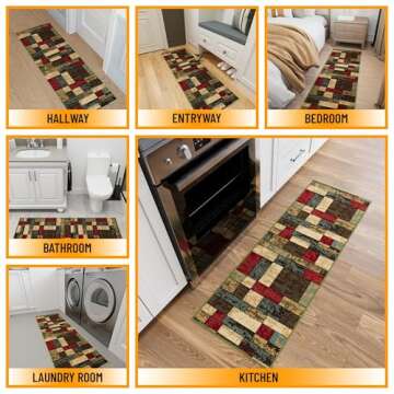 Machine Washable Boxes Design Non-Slip Rubberback 2x5 Traditional Runner Rug for Hallway, Kitchen, Bedroom, Entryway, 20" x 59", Multicolor