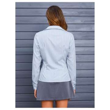 MakeMeChic Women's Striped Button Down Shirts Collared Long Sleeve Blouse Y2K Tops Blue Large