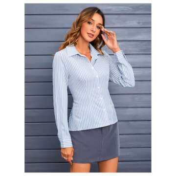 MakeMeChic Striped Button Down Shirt for Women in Blue