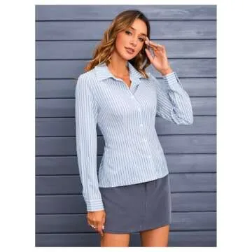 MakeMeChic Striped Button Down Shirt for Women in Blue