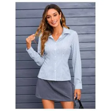 MakeMeChic Striped Button Down Shirt for Women in Blue