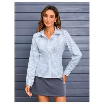 MakeMeChic Striped Button Down Shirt for Women in Blue