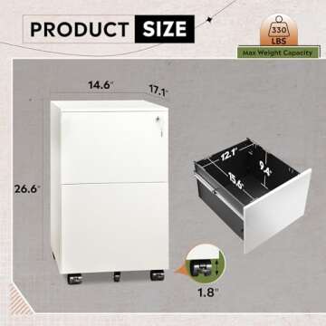 DEVAISE 2-Drawer Rolling File Cabinet with Lock, Metal Filing Cabinet for Home Office, Fully Assembled Under Desk Cabinet, White