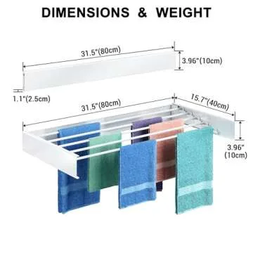 kenvc Laundry Drying Rack Collapsible: Wall Mounted Clothes Drying Rack - 31.4" Wide 13.2 Linear Ft 5 Aluminum Rods40 lb Capacity with Wall Template Screwdriver Bit Drill Bit