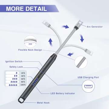 2 PCS Candle Lighter, Electric Lighter Arc Windproof Flameless with 360° Flexible Neck & LED Power Display,USB Rechargeable Lighter for BBQ, Grill, Camping, Fireplace, Stove