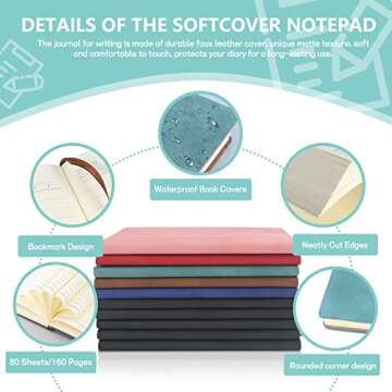 LELE LIFE 5 Pack Lined Journal Notebook, Comfortable Soft Cover Leather Bulk Journals for Writing Women Men, A5 Notebooks for Work School Note Taking Business, 160 Pages, Multicolor