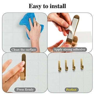 Picowe 4 Pack Brass Hooks - Stylish Wall Adhesive Holders