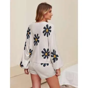 Ekouaer Knit Pajamas Set for Women Lounge Sets Long Sleeve Sweatsuit Matching 2 Piece Outfits Cute Sweater Sets Floral White XL