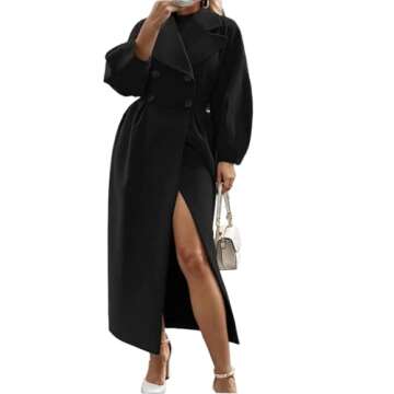 Finjani Women's Winter Pea Coat Long Double-Breasted Notch Lapel Trench Coat Solid Black Thicken Warm Outear Overcoat (US, Alpha, X-Large, Regular, Regular, Black)