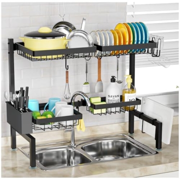 SNSLXH 2-Tier 4 Baskets Over The Sink Dish Drying Rack - Adjustable, Space-Saving Solution for Moder...