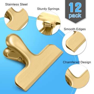 WUDIME Premium 12 Pack Stainless Steel Chip Clips for Food Storage