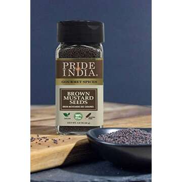 Pride of India – Brown Mustard Seed Whole – Gourmet Indian Spice – Hot & Spicy Flavor – Ideal seasoning for sauces/dips/spice blends – Easy to Use – 2.5 oz. Small Dual Sifter Bottle
