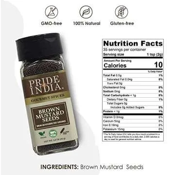 Pride of India – Brown Mustard Seed Whole – Gourmet Indian Spice – Hot & Spicy Flavor – Ideal seasoning for sauces/dips/spice blends – Easy to Use – 2.5 oz. Small Dual Sifter Bottle