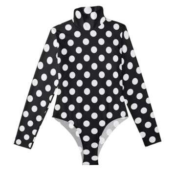 Aflyko Women Bodysuit Tops Polka Dot Black White Long Sleeve Turtleneck Jumpsuit Shirts