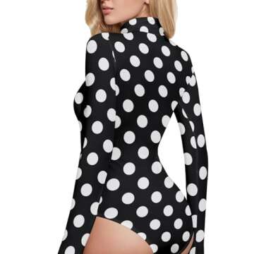 Aflyko Women Bodysuit Tops Polka Dot Black White Long Sleeve Turtleneck Jumpsuit Shirts