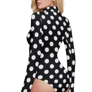 Aflyko Women Bodysuit Tops Polka Dot Black White Long Sleeve Turtleneck Jumpsuit Shirts