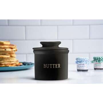 Kook Butter Crock with Lid, Soft Spreadable Butter, Ceramic French Butter Keeper to Leave On Counter with Water Line, Butter Dish, Home and Kitchen Decor, Perfect for Christmas Gift (Black)