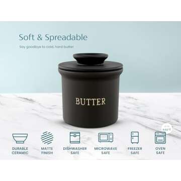 Kook Butter Crock with Lid, Soft Spreadable Butter, Ceramic French Butter Keeper to Leave On Counter with Water Line, Butter Dish, Home and Kitchen Decor, Perfect for Christmas Gift (Black)