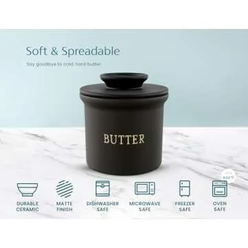 Kook Butter Crock with Lid, Soft Spreadable Butter, Ceramic French Butter Keeper to Leave On Counter with Water Line, Butter Dish, Home and Kitchen Decor, Perfect for Christmas Gift (Black)