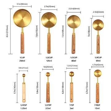 Gold Measuring Cups and Spoons Set with Fragrant Wood Handles, Premium Stainless Steel Measuring Spoons and Measuring Cups Set, For Cooking and Baking in the Kitchen (8 Piece)