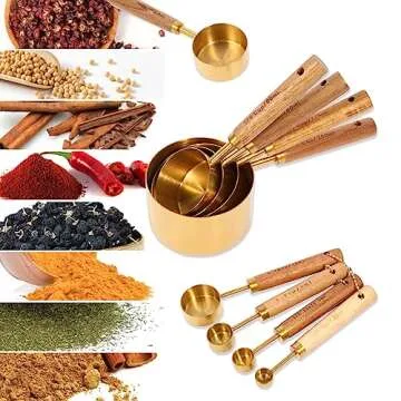 Gold Measuring Cups and Spoons Set with Fragrant Wood Handles, Premium Stainless Steel Measuring Spoons and Measuring Cups Set, For Cooking and Baking in the Kitchen (8 Piece)