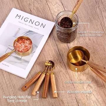 Gold Measuring Cups and Spoons Set with Fragrant Wood Handles, Premium Stainless Steel Measuring Spoons and Measuring Cups Set, For Cooking and Baking in the Kitchen (8 Piece)