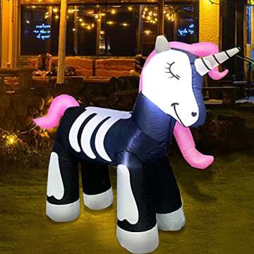 TURNMEON 4Ft Skeleton Unicorn Inflatable Halloween Decor | Lights & Stakes