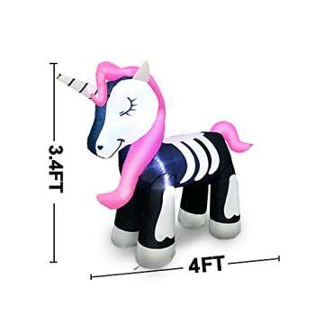 TURNMEON 4Ft Skeleton Unicorn Inflatable Halloween Decor | Lights & Stakes