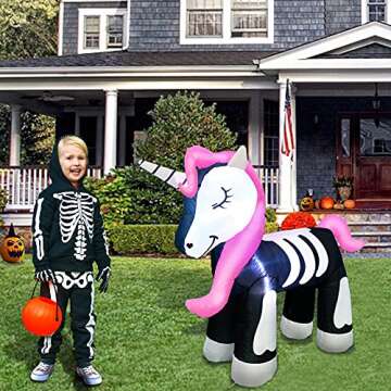 TURNMEON 4Ft Skeleton Unicorn Inflatable Halloween Decor | Lights & Stakes