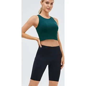 Women's High Neck Crop Top Sleeveless Racer Back Basic Workout Tank Tops Shirt Dark Teal L