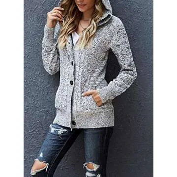 Sidefeel Women's Cardigan Hooded Fleece Lined Jackets Winter Cable Knit Sweater Coat Small Grey