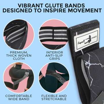 SuzieB Fitness Glute Band for Women, Work Out Legs, Booty and More - Medium and Heavy Resistance, in Multiple Color Options (Black Marble)