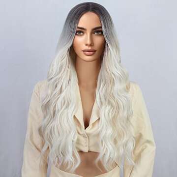 AISI QUEENS Long Wavy Synthetic Wig Ombre Platinum Blonde Wigs for Women Middle Part Natural Hair Cu...