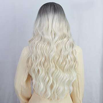 AISI QUEENS Long Wavy Synthetic Wig Ombre Platinum Blonde Wigs for Women Middle Part Natural Hair Curly Wigs Heat Resistant Fiber