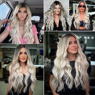 AISI QUEENS Long Wavy Synthetic Wig Ombre Platinum Blonde Wigs for Women Middle Part Natural Hair Curly Wigs Heat Resistant Fiber