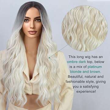 AISI QUEENS Long Wavy Synthetic Wig Ombre Platinum Blonde Wigs for Women Middle Part Natural Hair Curly Wigs Heat Resistant Fiber