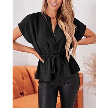 Womens Button Down Blouses Casual Peplum Summer Tops Dressy Chiffon Work Blouse Black