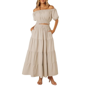 HUUSA 2 Piece Dress Set for Women Vacation Comfy Cute Summer Outfits Bare Shoulder Short Sleeve Crop...