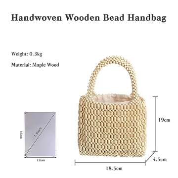 CORIOS Handwoven Tote Bag for Women Handmade Woven Bucket Bag Drawstring Handbag Bohemian Clutch Bag Summer Beach Bag Wooden Bead Bag Retro Top-handle Bag for Travel Beach Vacation Daily Use White