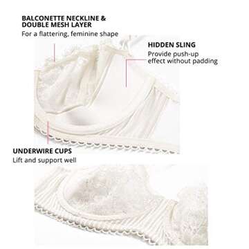 DOBREVA Women's Sexy Lace Push Up Plus Size Bra Sheer Balconette Underwire Unlined Ivory_Eyelash lace 34C