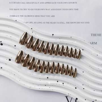 Bronze Chrome Fall Press on Nails Medium Almond, KQueenest Metallic Brown Acrylic Fake Nails Medium Stiletto, Glitter Glue on Nails for Women Daily Party Wear, Glossy False Nails Press ons in 24 Pcs