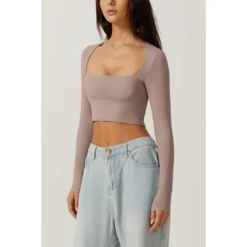 QINSEN Women's Square Neck Long Sleeve Crop Top